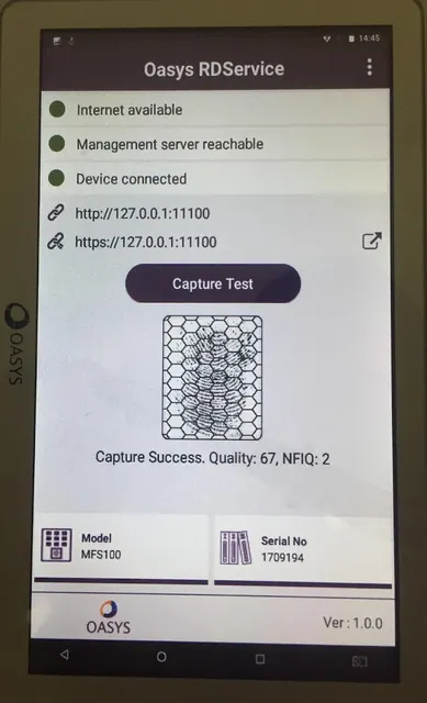 OASYS MFS100 RD Service screenshot 2
