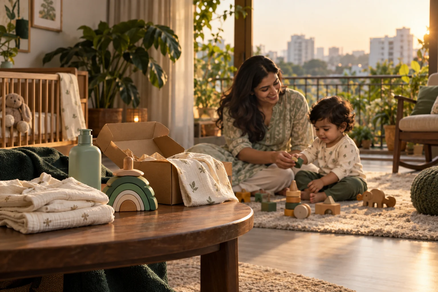 Illustration of an Indian mother and toddler playing beside baby care products and an online shopping delivery.