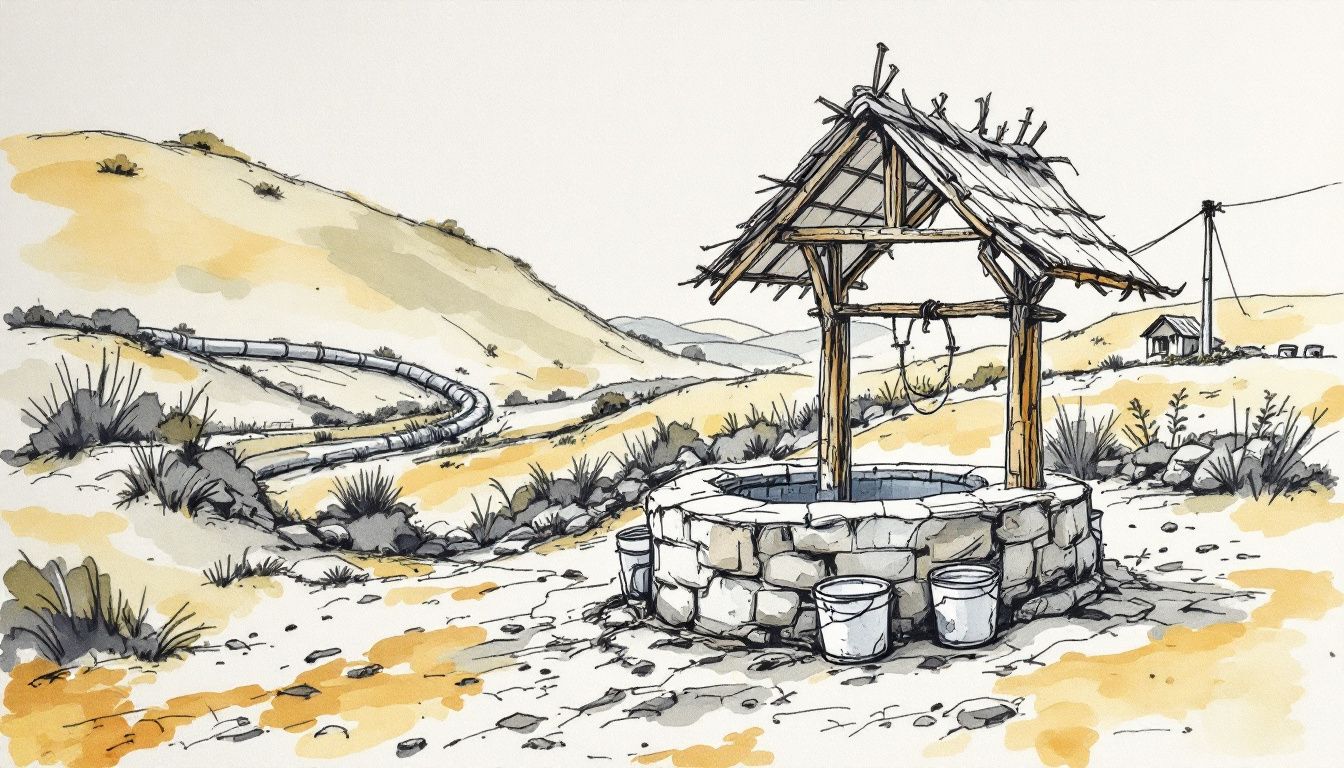 A dry village well with a queue of empty buckets, and a pipeline carrying water away over the hill